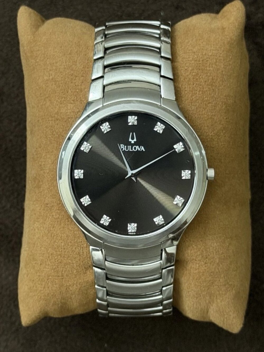 Bulova Quartz Stainless Steel Bracelet Watch Black Dial Diamond Markers